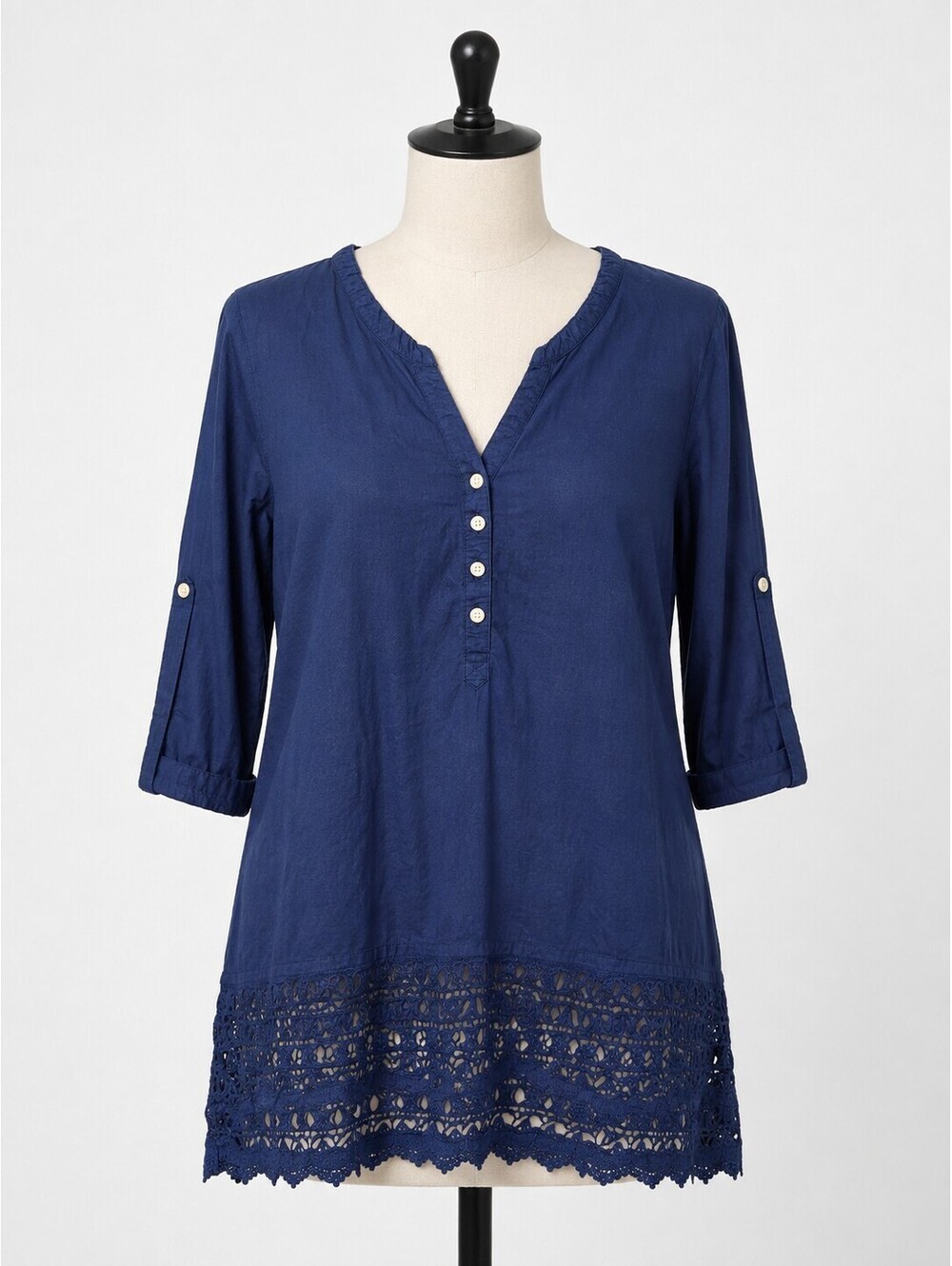 Aerie 100% Cotton Navy Blue Tunic With Crochet Trim And Roll Tab Sleeve, Size XS
